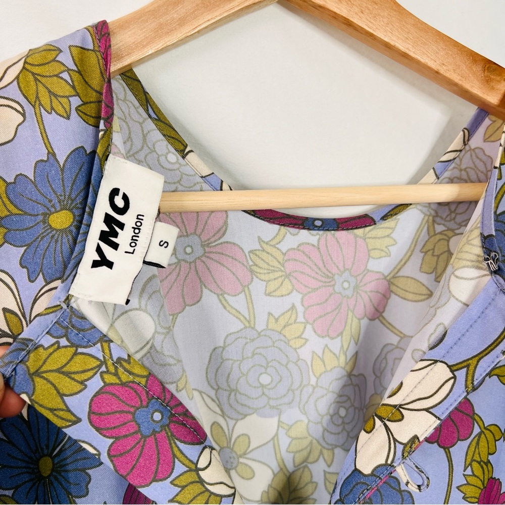 YMC London Floral Midi Smock Dress Size S 70s Mod Blue Pink Cotton Garden - Picture 3 of 16